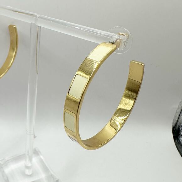 J Crew Gold White Striped Enamel Hoop Earrings Preppy Summer Casual - Picture 9 of 9